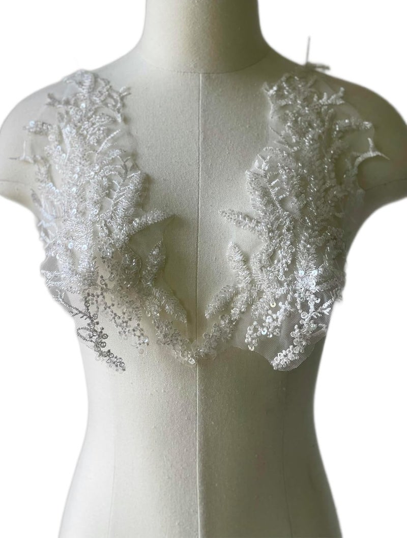 JRYYR Beaded Applique, Flower Sequin Patch, White Applique for DIY Neckline Wedding Bridal Prom Dresses Costumes 14.1x4.9 inches 1 Pair (White) - Image 2